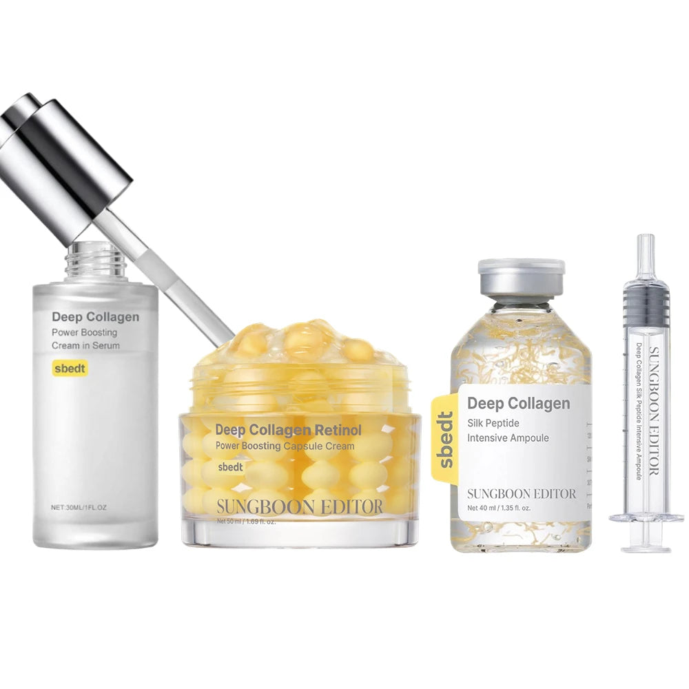 Korean Deep Collagen Skin Care -  Silk Peptide Ampoule, Boosting Serum, Retinol Capsule Cream, Fade Fine Lines, Brightening