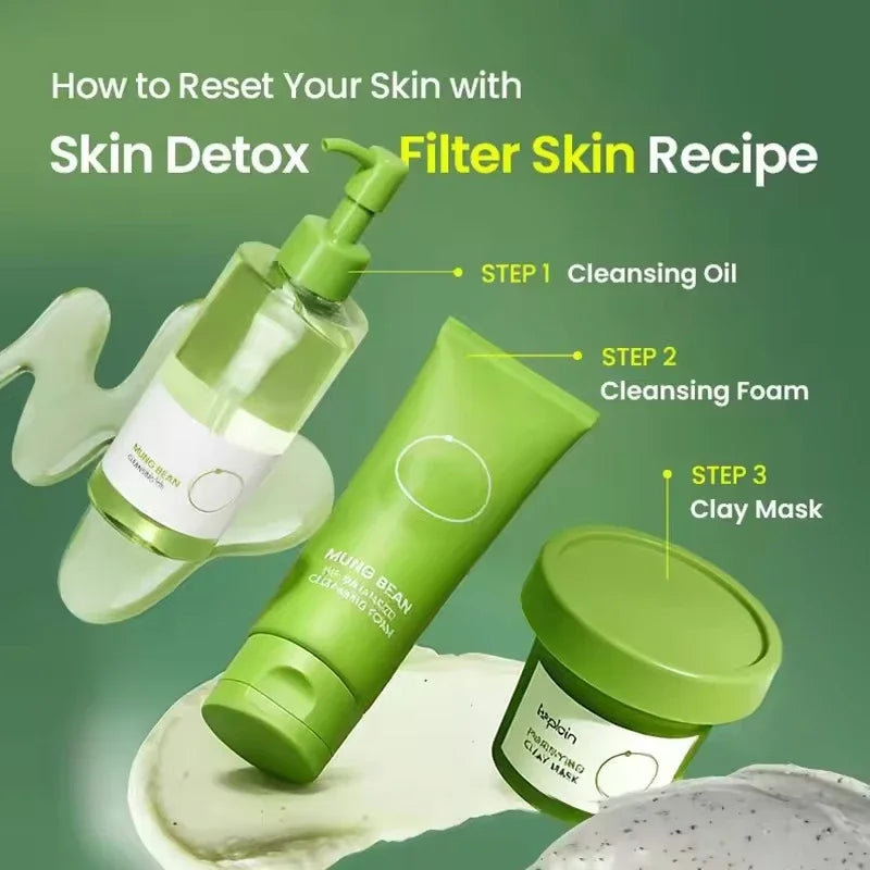 Korean Mung Bean Pore Serum,Deep Pore Cleansing Foam,Makeup Remover Oil and Facail Pore Care Clay Mask Firming Skincare Products